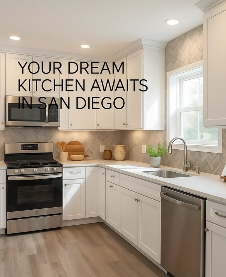 Modern white kitchen with stainless steel appliances, white cabinetry, herringbone tile backsplash, and text overlay reading Your Dream Kitchen Awaits in San Diego